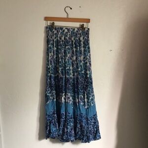 70s Style Cotton Floral Peasant Maxi Blue Skirt